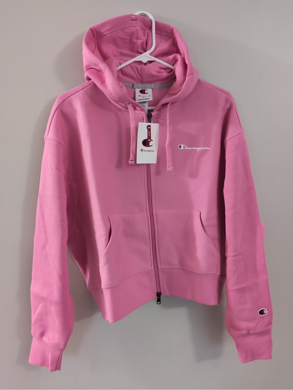 Champion Women's Cropped Fleece Zip-Up Sweatshirt Loose Hooded Size Large